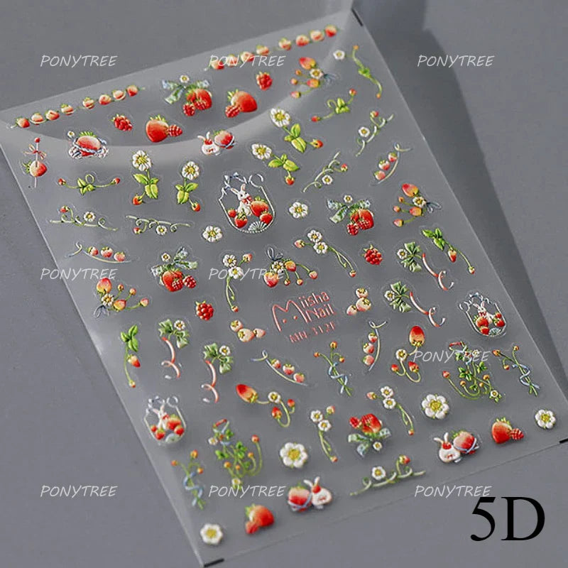 Cute White Rabbit Bunny Strawberry Flower Pudding Star Bowknot Fruit Delicate Adhesive Nail Art Sticker Charming Manicure Decal (Online Order Only)