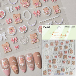 Lovely Bear Strawberry Cake Rose Flower Grid Block Bowknot Embossed Relief Self Adhesive Nail Art Sticker Cute 3D Manicure Decal (ONLINE ORDER ONLY)