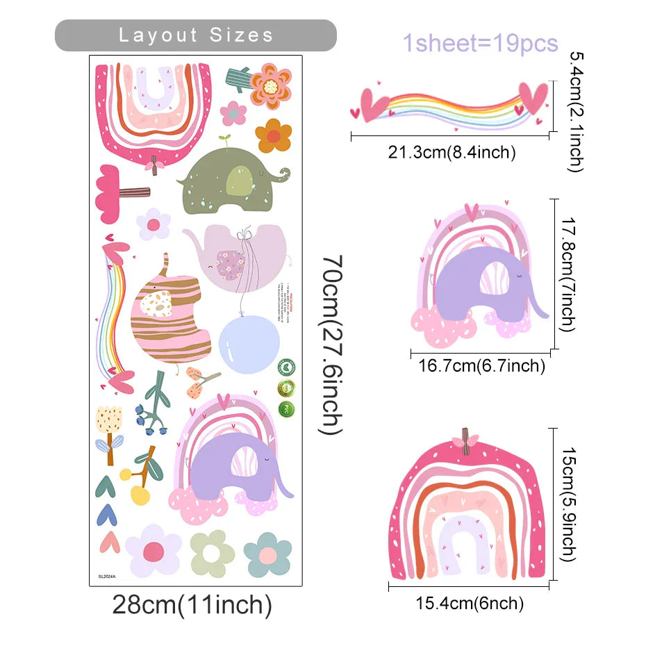 Bohemian Elephant Rainbow Flower Wall Stickers for Living Room, Bedroom, Nursery, Kids Room Decor (Online Order Only)