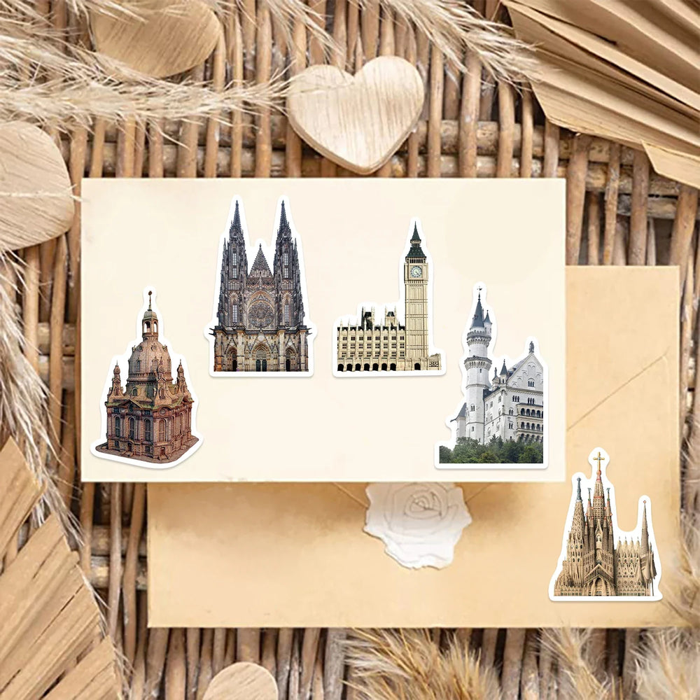50Pcs Vintage Medieval Castle Stickers Phone Case Skateboard Motorcycle Sticker Retro European Style Architecture Decals (Online Order Only)