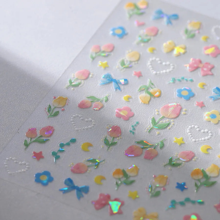 Lovely Bowknot Flower Shiny Star Love Heart Vibrant and Lively Tulip Moon Self Adhesive Nail Art Stickers Relief Manicure Decals (ONLINE ORDER ONLY)