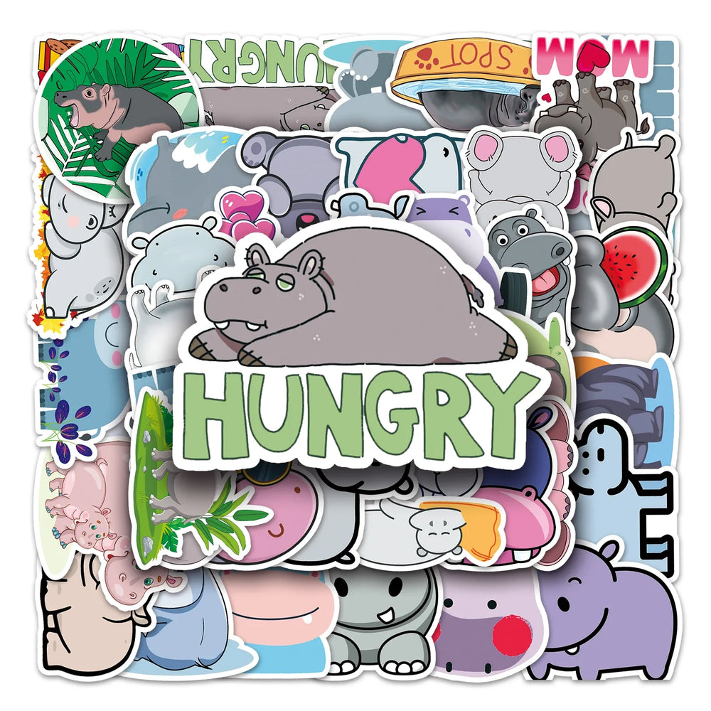 50Pcs Hippo Cartoon Waterproof Vinyl Stickers for Skateboard Snowboard (Online Order Only)
