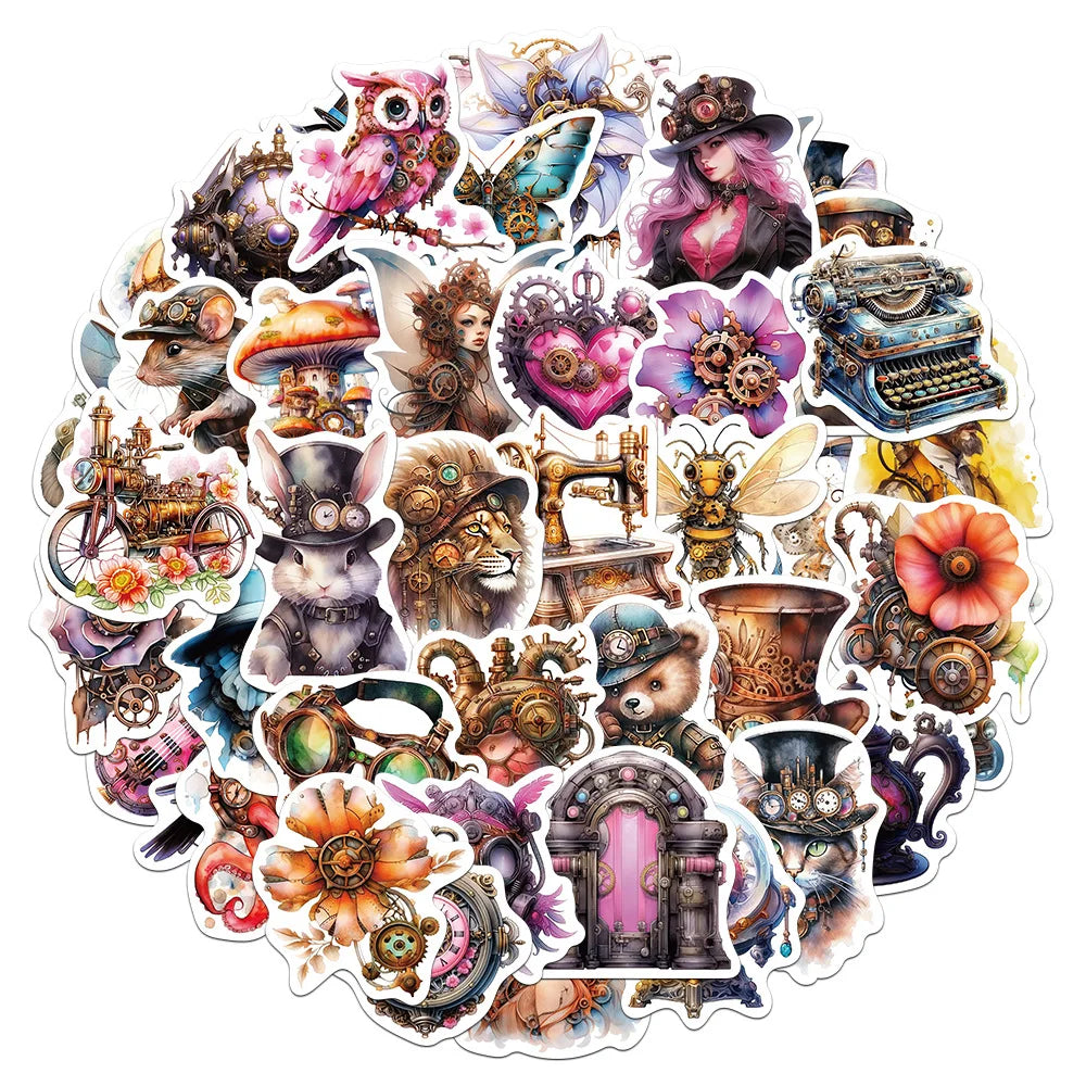 Watercolor Steampunk AI Graffiti Stickers for Laptop, Motorcycle, Luggage, Snowboard, Fridge (10/30/50pcs) (ONLINE ORDER ONLY)