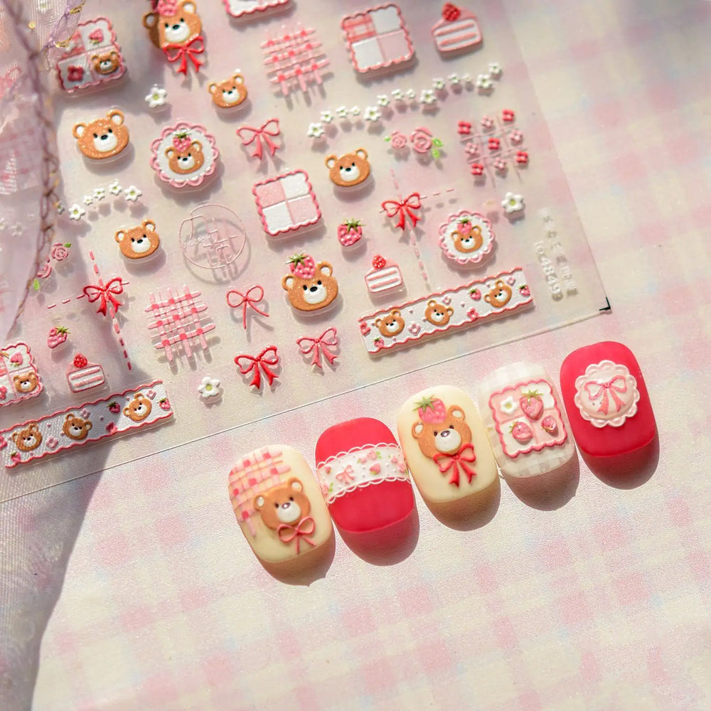 Lovely Bear Strawberry Cake Rose Flower Grid Block Bowknot Embossed Relief Self Adhesive Nail Art Sticker Cute 3D Manicure Decal (ONLINE ORDER ONLY)