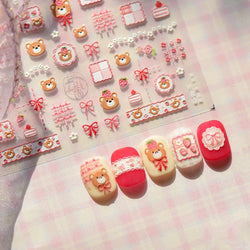 Lovely Bear Strawberry Cake Rose Flower Grid Block Bowknot Embossed Relief Self Adhesive Nail Art Sticker Cute 3D Manicure Decal (ONLINE ORDER ONLY)