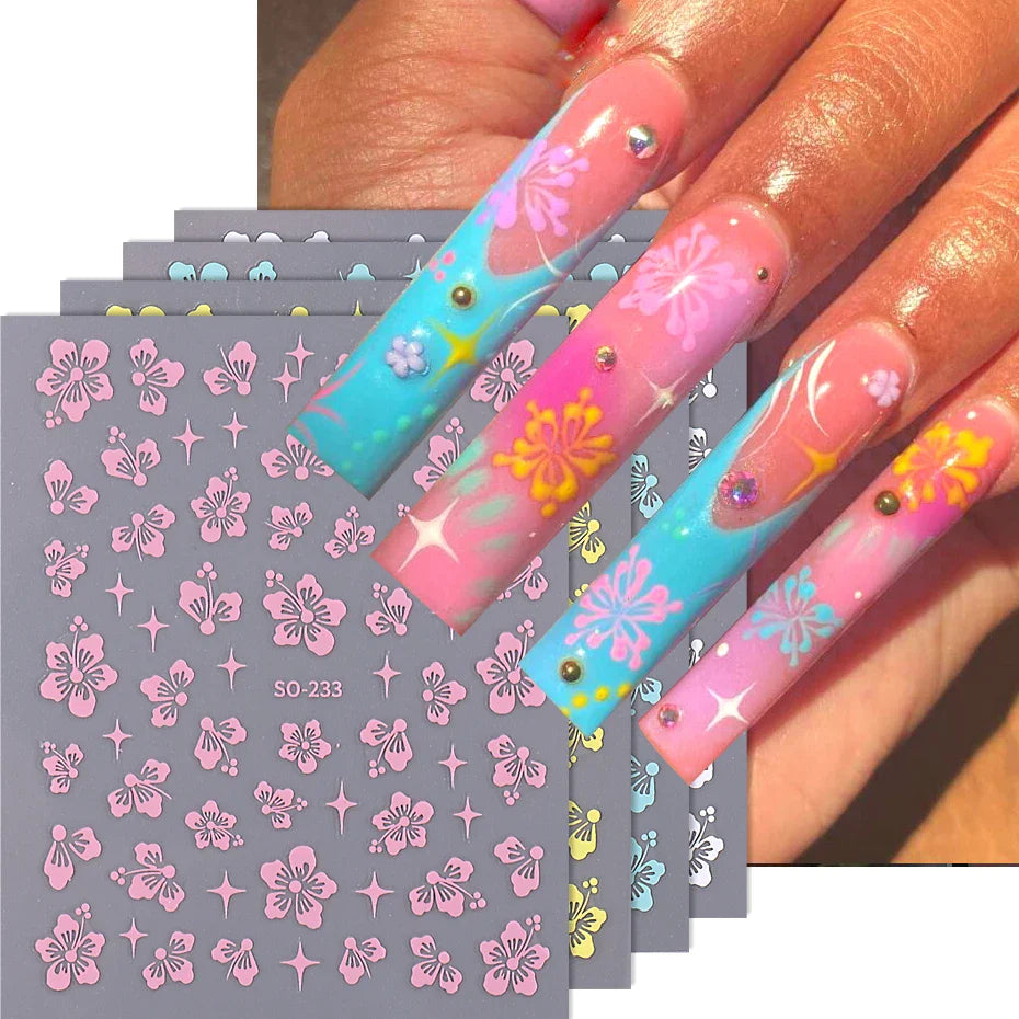 4pcs/set Hibiscus Flowers Nail Sticker Y2K Star Adhesive Nail Art Supplies Decal for Women Nail Supplies DIY Manicure Decoration (ONLINE ORDER ONLY)