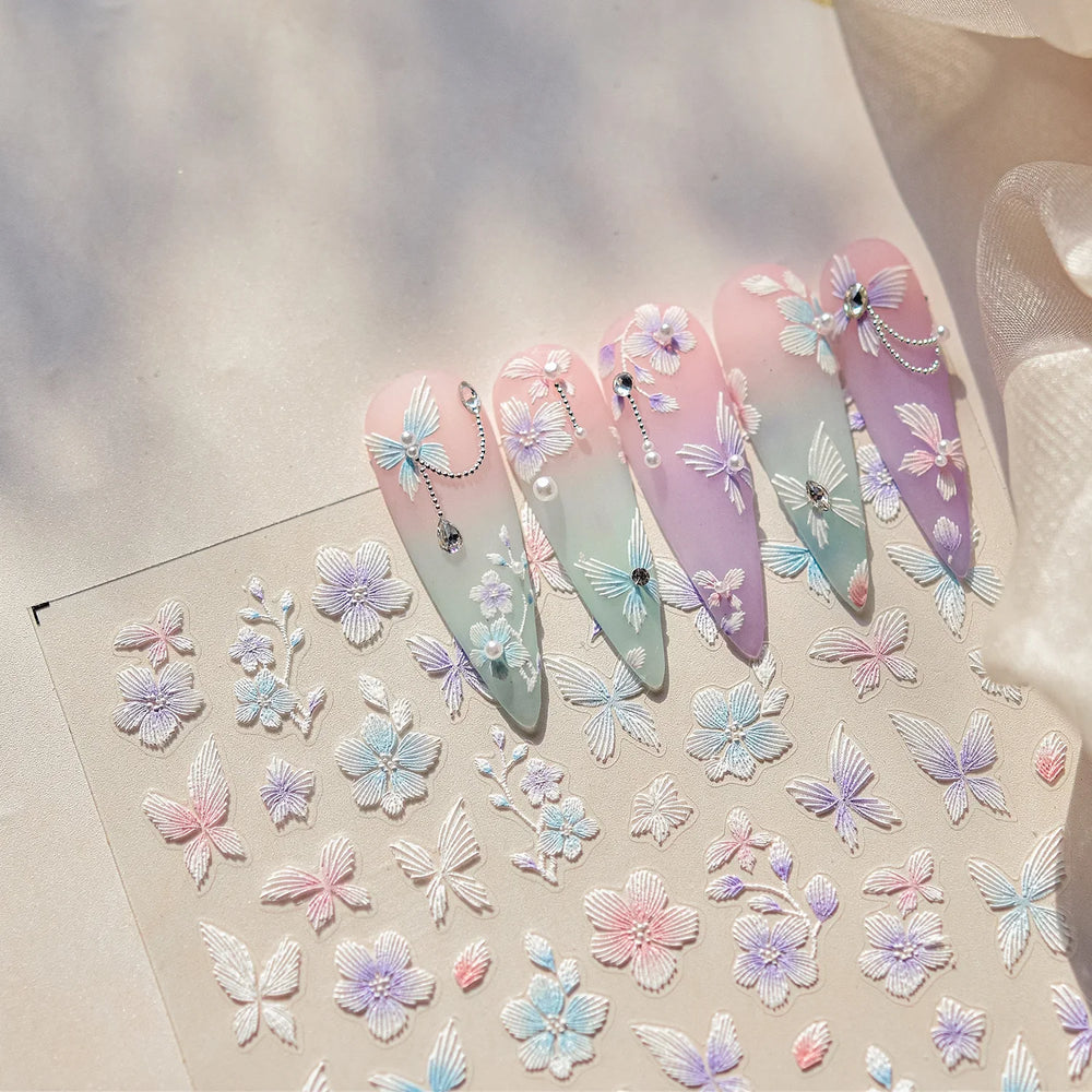 Embroidered Butterfly Flower Colourful Gradient Morning Glory Leaves Self Adhesive Nail Art Stickers Rhinestone Manicure Decals (ONLINE ORDER ONLY)