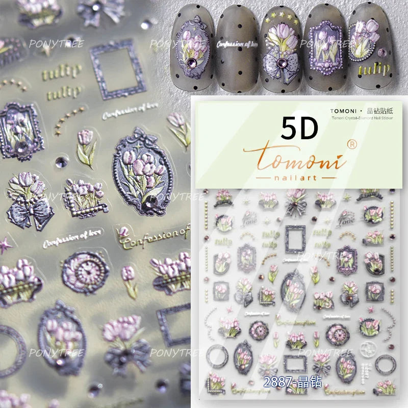 Lovely Bowknot Flower Shiny Star Love Heart Vibrant and Lively Tulip Moon Self Adhesive Nail Art Stickers Relief Manicure Decals (ONLINE ORDER ONLY)