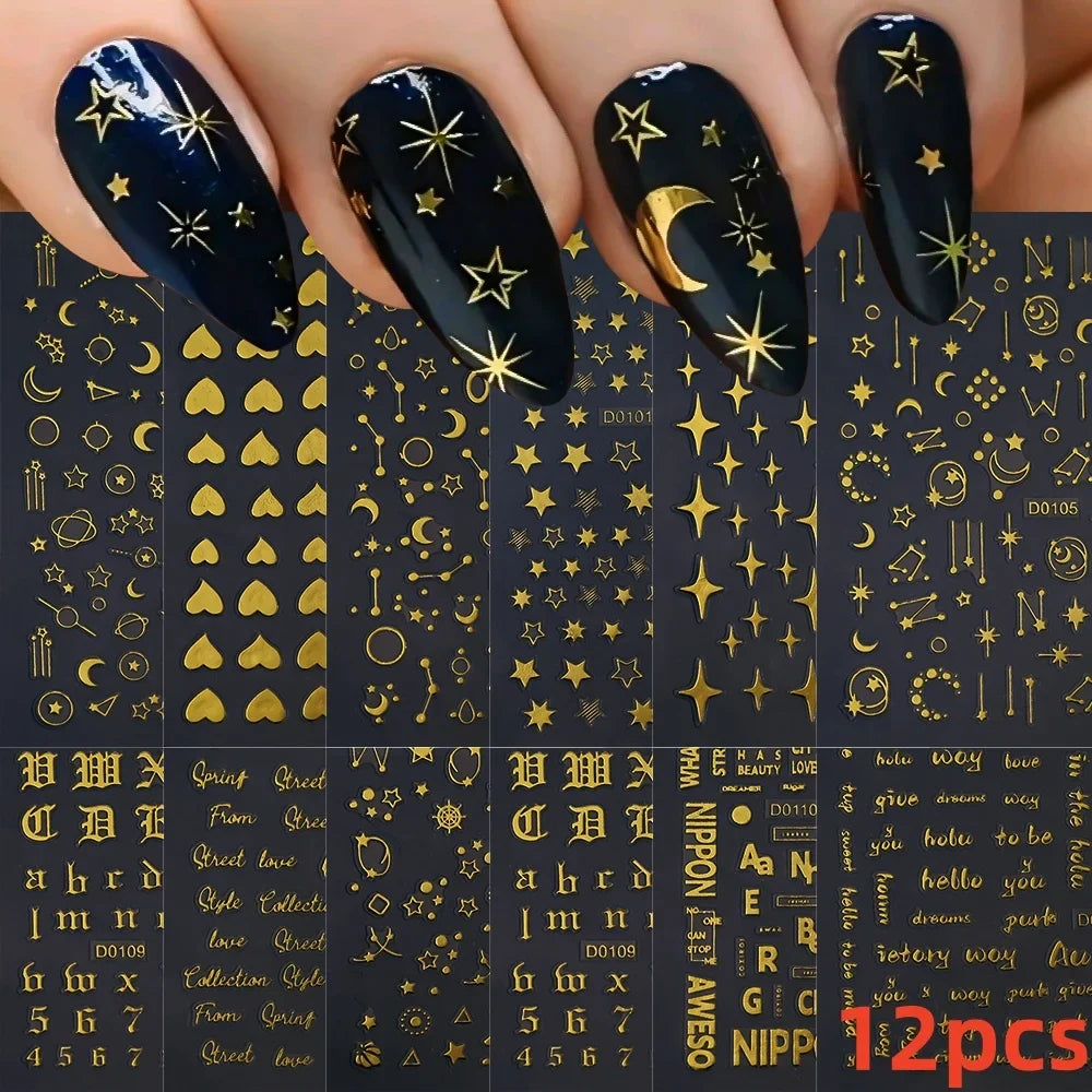 12PCS White Flowers Leaves 3D Nail Stickers Star/Moon/Sun Nail Art Decoration Decals Geometric Flower Stickers Nail Art Supplies (ONLINE ORDER ONLY)