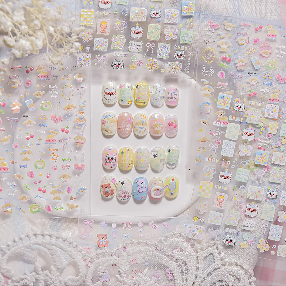 Small Animals Meeting Dog Cat Kitten Bowknot Cherry Butterfly Wreath Paw Star Hat Self Adhesive Nail Art Stickers Manicure Decal (ONLINE ORDER ONLY)