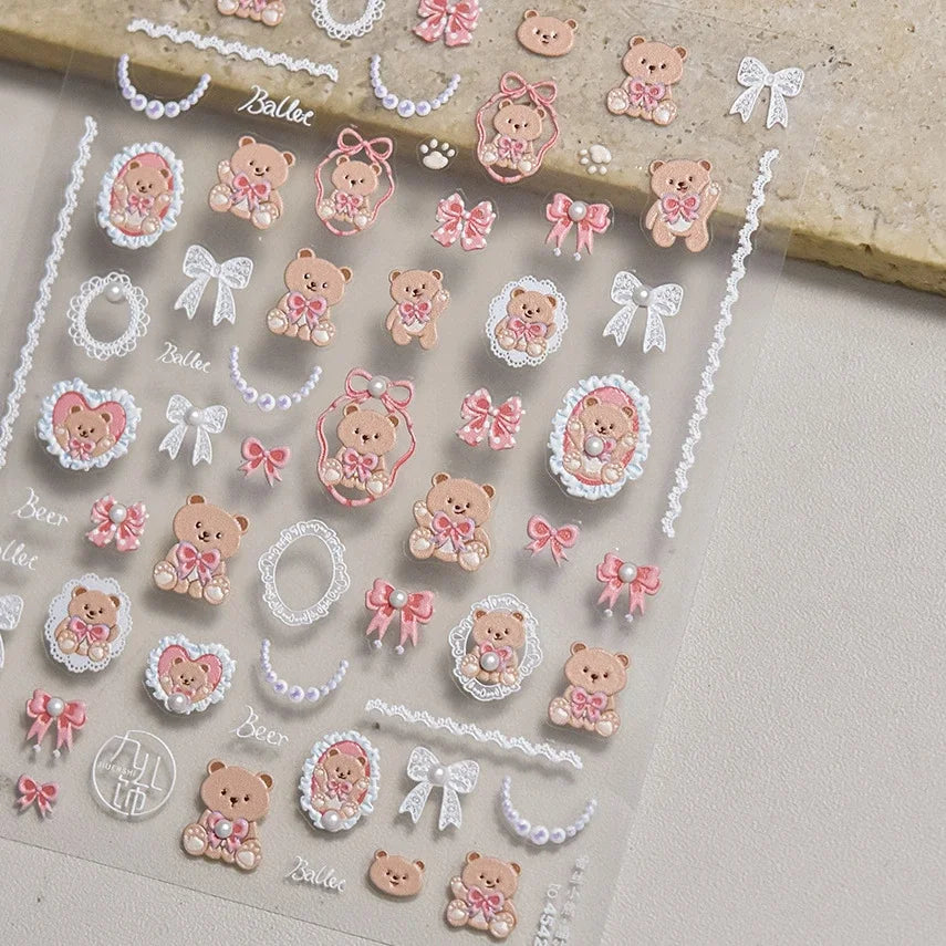 Retro Love Heart White Lace flower Bowknot Tie Pink Bear Flower Strawberry Adhesive Nail Art Stickers Rhinestone Manicure Decals (ONLINE ORDER ONLY)