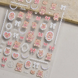 Retro Love Heart White Lace flower Bowknot Tie Pink Bear Flower Strawberry Adhesive Nail Art Stickers Rhinestone Manicure Decals (ONLINE ORDER ONLY)