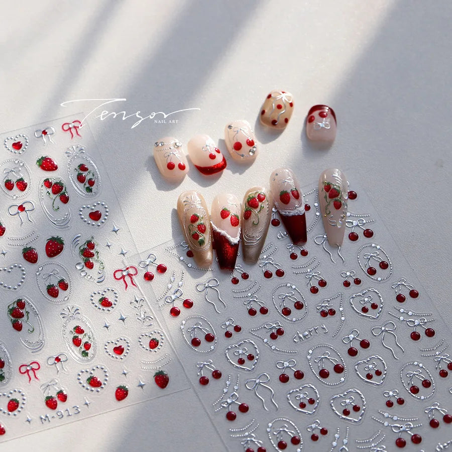 Lovely Red Seductive Strawberry Line Bowknot Love Heart Star Jelly Cherry Delicate Self Adhesive Nail Art Sticker Manicure Decal (ONLINE ORDER ONLY)