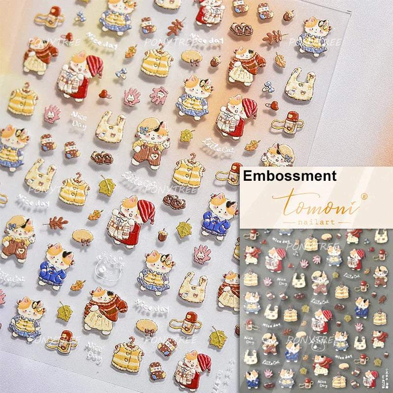 Cream Wind Cat Rabbit Kitten Bunny Bowknot Flower Butterfly Cake Cherry Tulip 5D Self Adhesive Nail Art Stickers Manicure Decals (Online Order Only)
