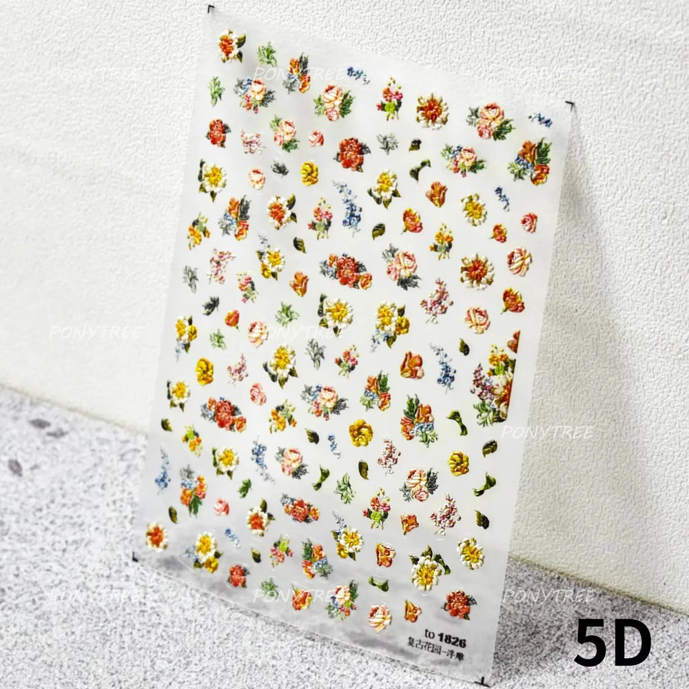 Wild Flower Oil Painting Small Variegated Daisy Peach Blossom Lavender Spring Petal Adhesive Nail Art Stickers Manicure Decals (Online Order Only)