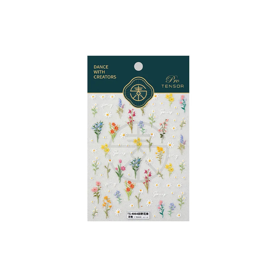 Field Bouquet Canola Flowers Daisy Tulip Garden Lavender Spring Embossed Reliefs Self Adhesive Nail Art Stickers Manicure Decals (ONLINE ORDER ONLY)