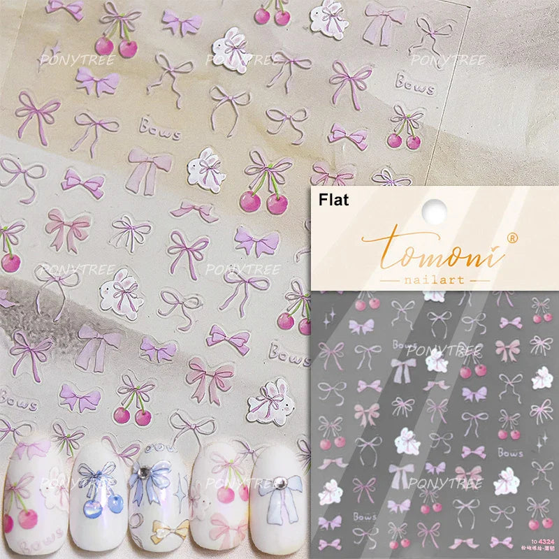 Lovely Green Pink Cherry Pudding Claw Paw Love Heart Bowknot Soft Embossed Reliefs Adhesive Nail Art Stickers Manicure Decals (ONLINE ORDER ONLY)