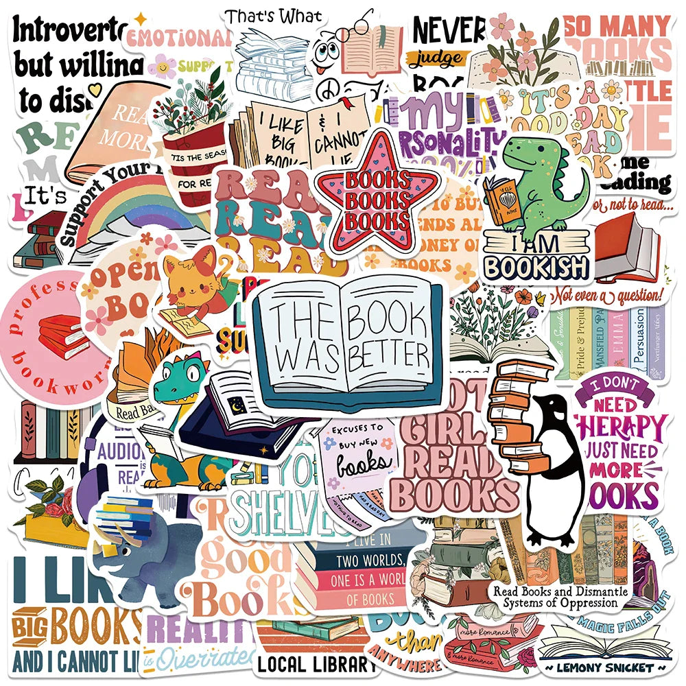 50PCS Bookworm Stickers Waterproof for Laptop, Guitar, Skateboard, Kindle, Bicycle (Online Order Only)