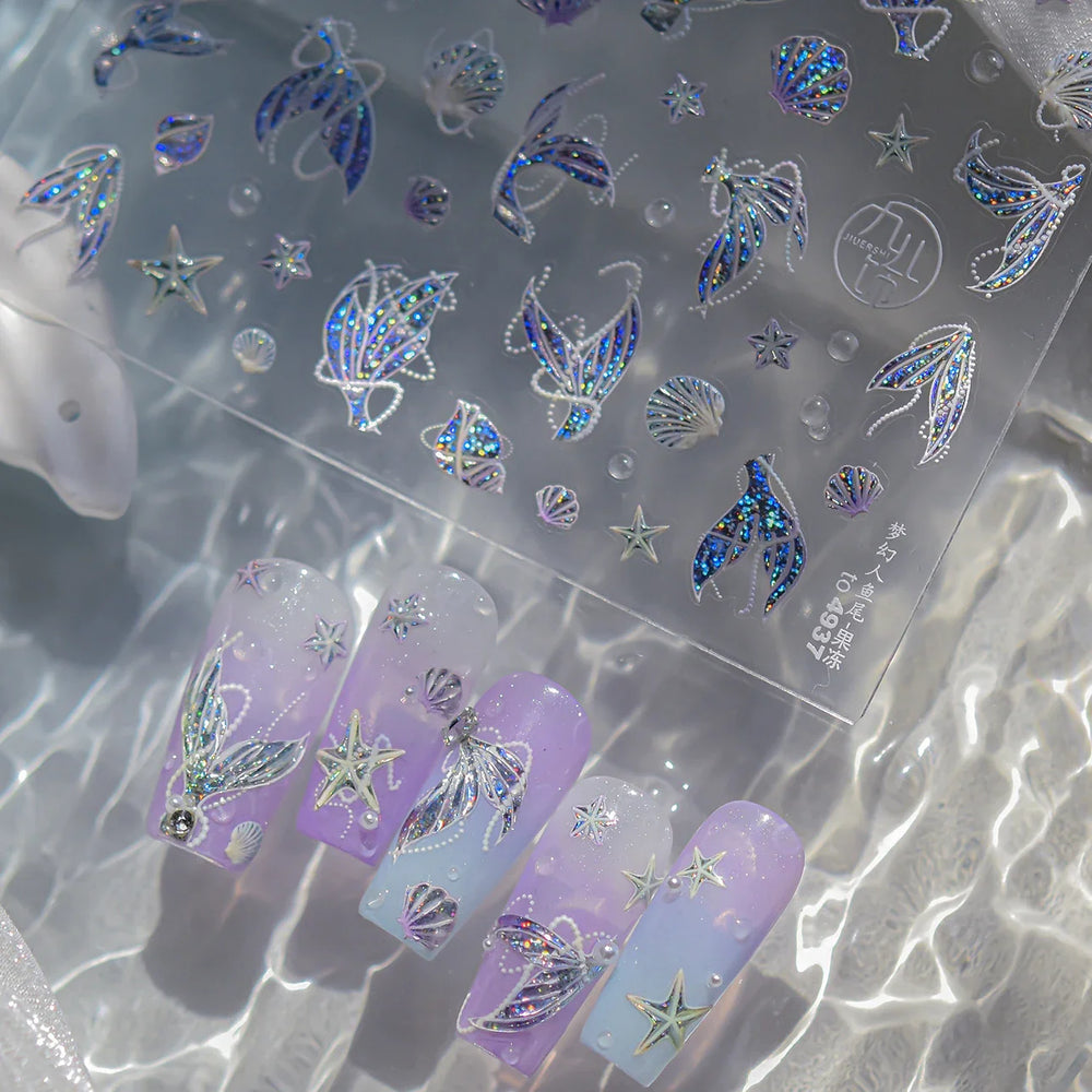 Romantic Mermaid Tail Water Bubbles Seahorse Shell Starfish Coral Pearl Pendant Self Adhesive Nail Art Stickers Manicure Decals (Online Order Only)