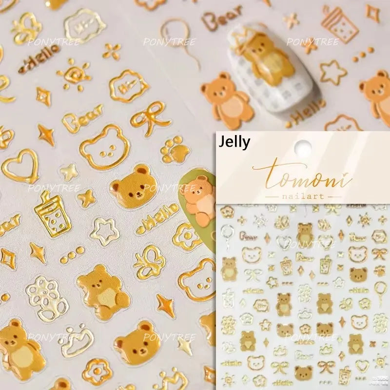 Cute Bear Teddy Birthday Party Maillard Bear Cake Flower Bouquet Lucky Love Heart 5D Adhesive Nail Art Sticker Manicure Decals (Online Order Only)
