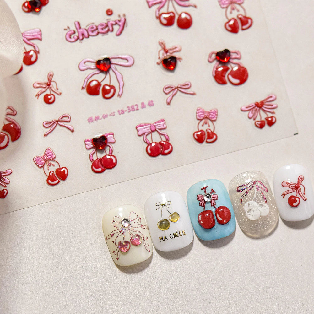 Lovely Red Heart Crystal Cherry Fruit Bowknot Letter Gold Pink Self Adhesive Nail Art Sticker Delicate Rhinestone Manicure Decal (ONLINE ORDER ONLY)