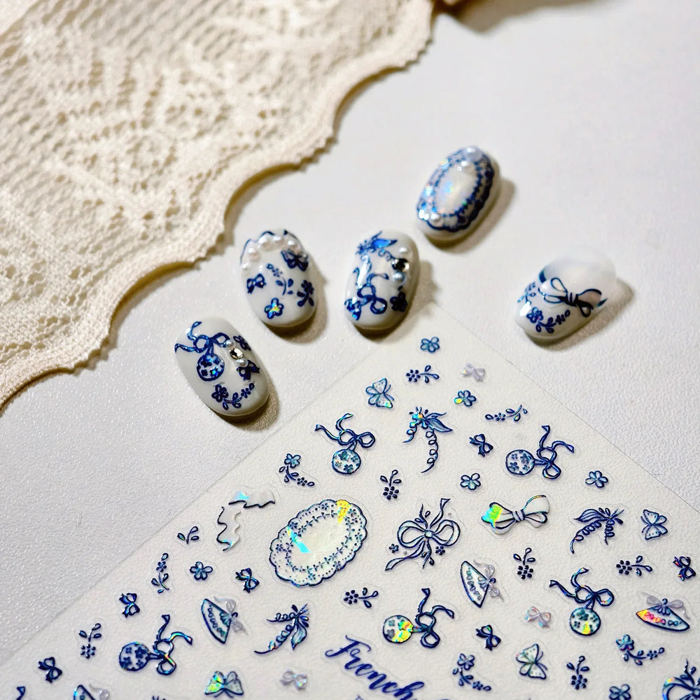 French Chic Blue Line Bowknot Fan Flower Leaves Butterfly Lace Frame Bell Shiny Self Adhesive Nail Art Stickers Manicure Decals (ONLINE ORDER ONLY)