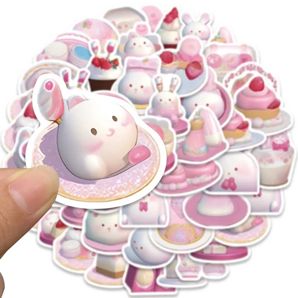 49pcs Cute Cartoon Pink Pudding Rabbits Stickers Vinyl Laptop Decals Luggage Phone Guitar Skateboard Waterproof Graffiti (ONLINE ORDER ONLY)
