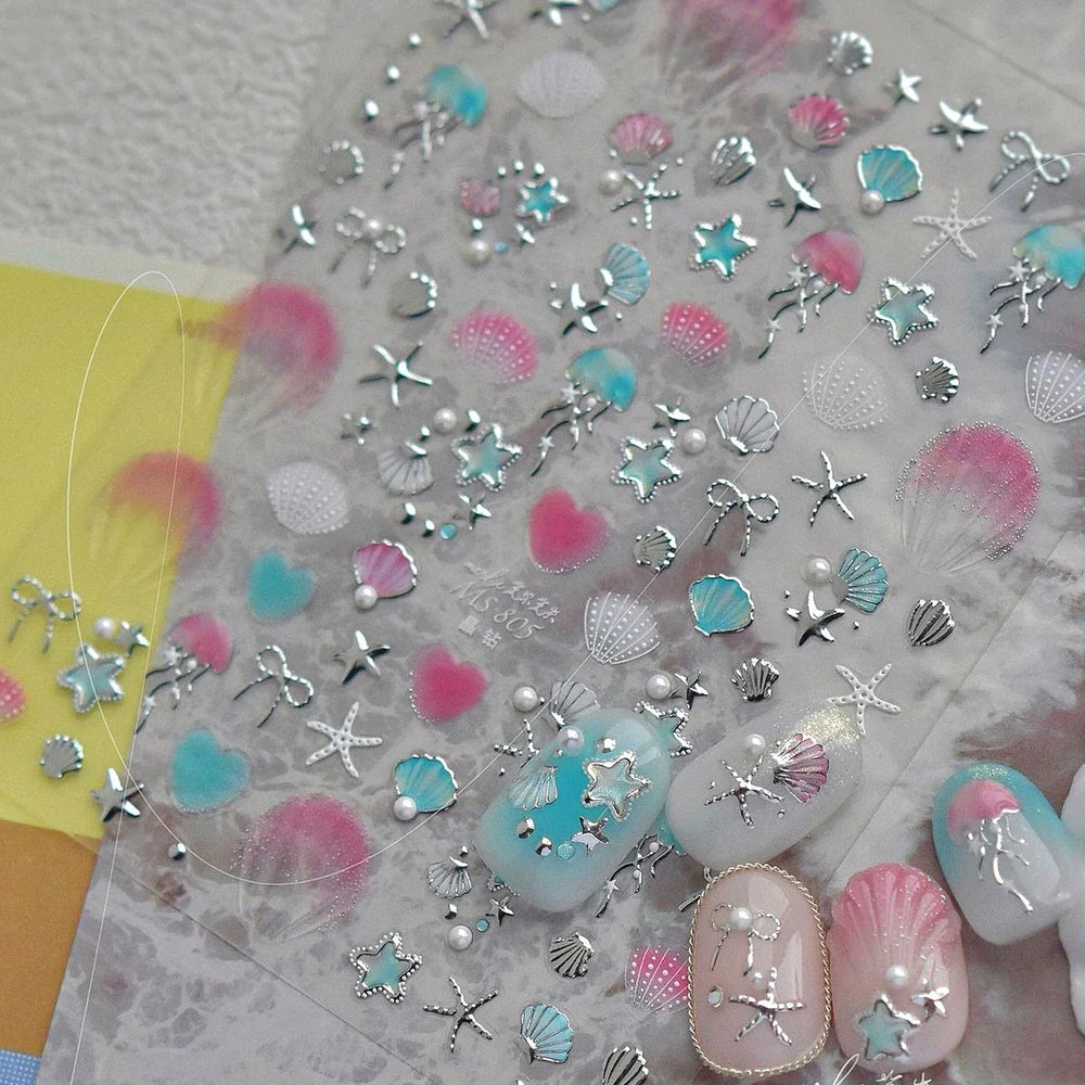 Dizzying Shell Coral Dolphin Starfish Heart Jellyfish Water Bubbles Ocean Adhesive Nail Art Decorations Stickers Manicure Decals (ONLINE ORDER ONLY)