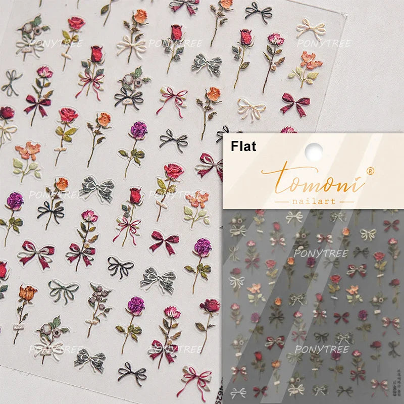 Pink Cherry Blossoms Peach Flower Petal Green Leaf Greenery 5D Embossed Relief Self Adhesive Nail Art Sticker 3D Manicure Decals (ONLINE ORDER ONLY)