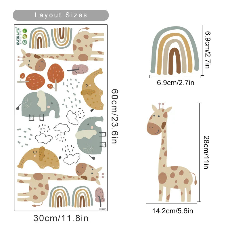 Cartoon Giraffe Elephant Wall Sticker Rainbow Tree Decals Nursery Removable Vinyl Kids Room Decor (Online Order Only)