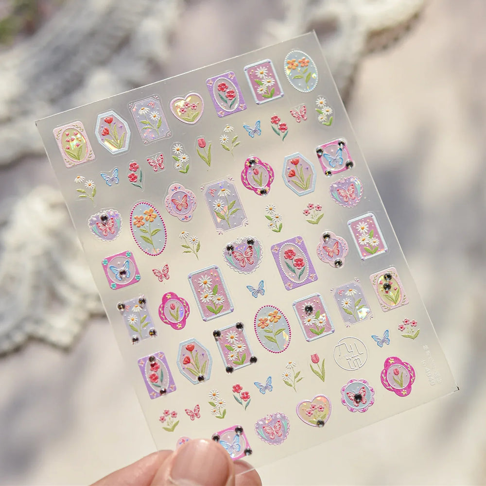 Retro Tulip Flowers Daisy Photo Frame Geometric Border Bowknot Butterfly Soft Relief Adhesive Nail Art Stickers Manicure Decals (ONLINE ORDER ONLY)