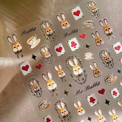 Poker Cards Mr Rabbit Tilted Teacup Bunny Cup Heart Star Block Bow Tie Hot Stamping Adhesive Nail Art Stickers Manicure Decals (ONLINE ORDER ONLY)