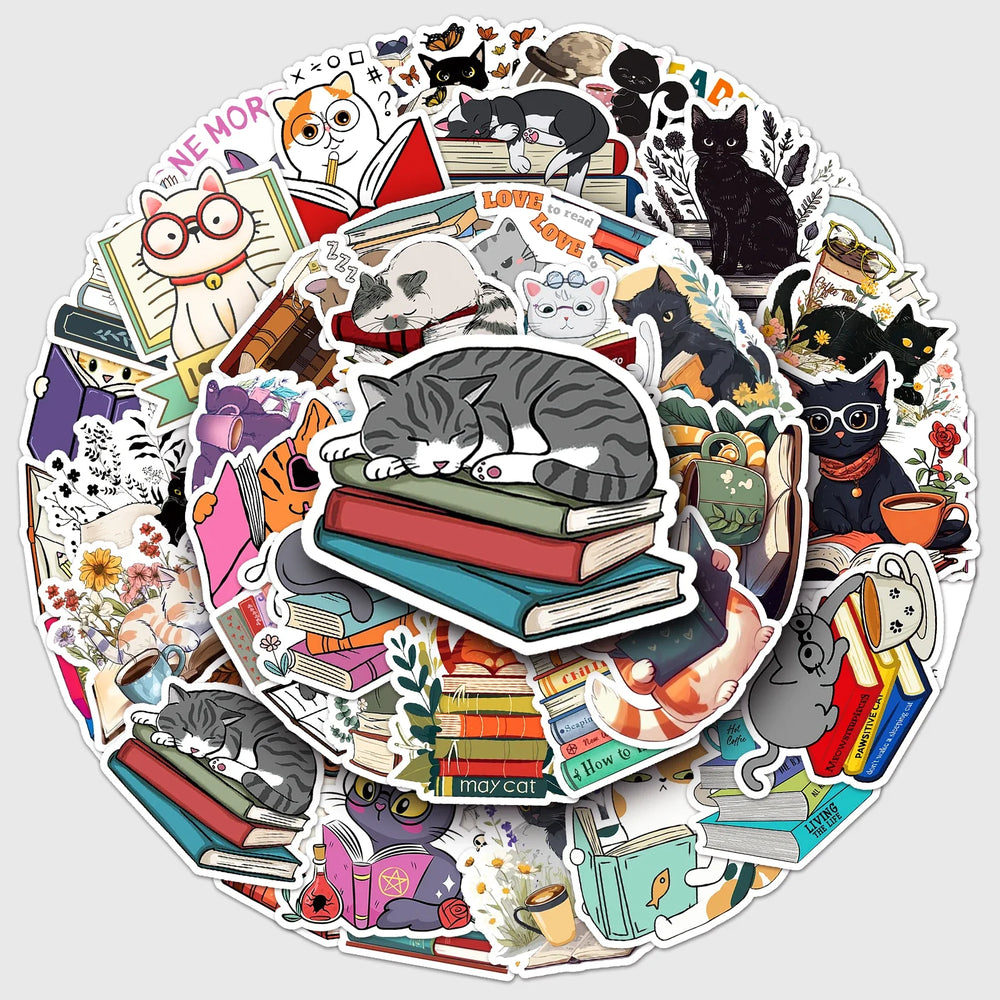 50Pcs Cat Reading Cartoon Waterproof Vinyl Stickers for Skateboard Snowboard (ONLINE ORDER ONLY)