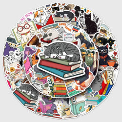50Pcs Cat Reading Cartoon Waterproof Vinyl Stickers for Skateboard Snowboard (ONLINE ORDER ONLY)