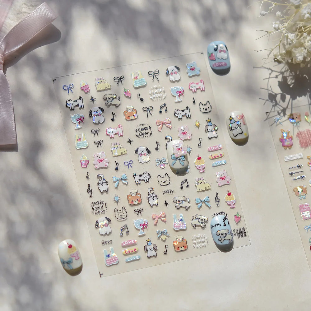 Graffiti Bear Cat Kitten Dog Puppy Bowknot Cake Tulip Note Star Cherry Cup Adhesive Nail Art Decoration Sticker Manicure Decals (ONLINE ORDER ONLY)