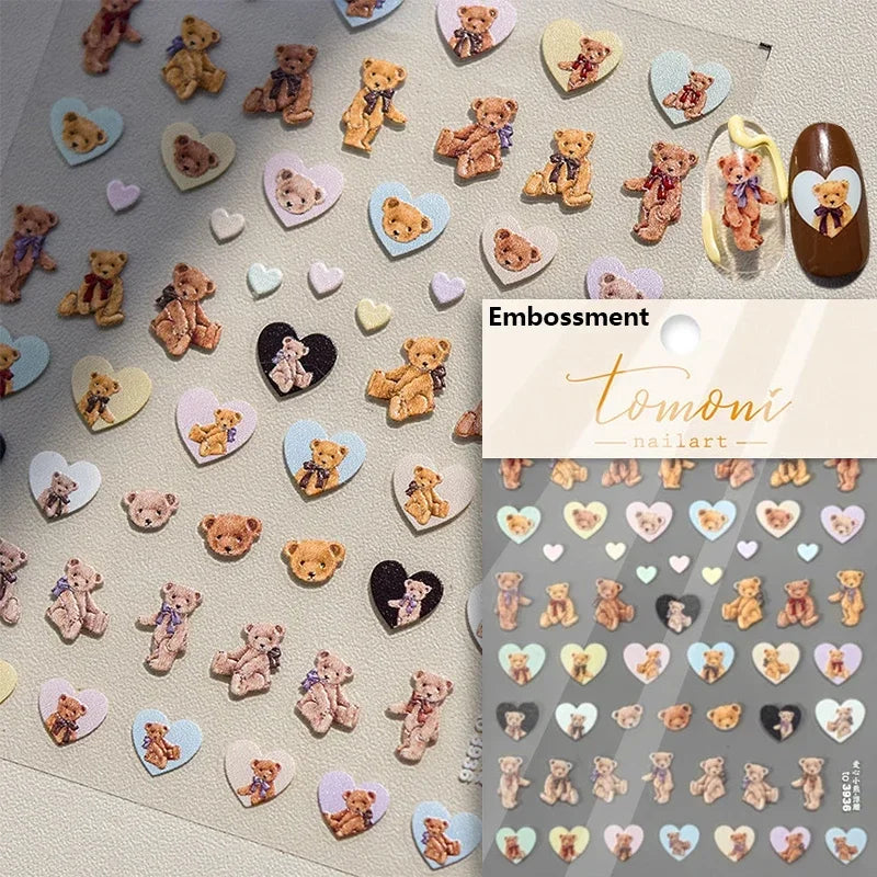 Retro Love Heart White Lace flower Bowknot Tie Pink Bear Flower Strawberry Adhesive Nail Art Stickers Rhinestone Manicure Decals (ONLINE ORDER ONLY)