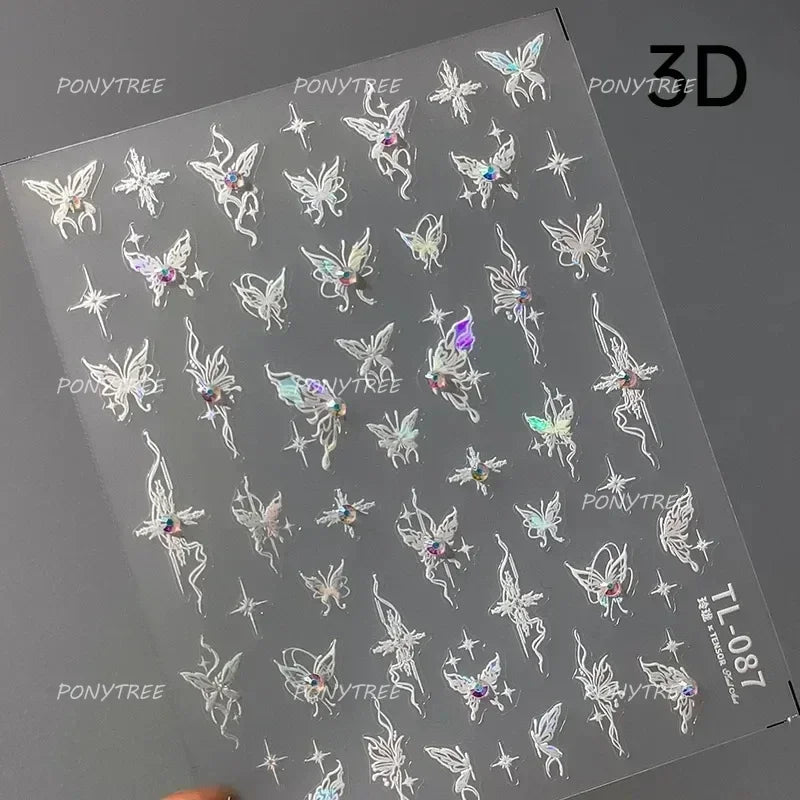 French Chic Blue Line Bowknot Fan Flower Leaves Butterfly Lace Frame Bell Shiny Self Adhesive Nail Art Stickers Manicure Decals (ONLINE ORDER ONLY)