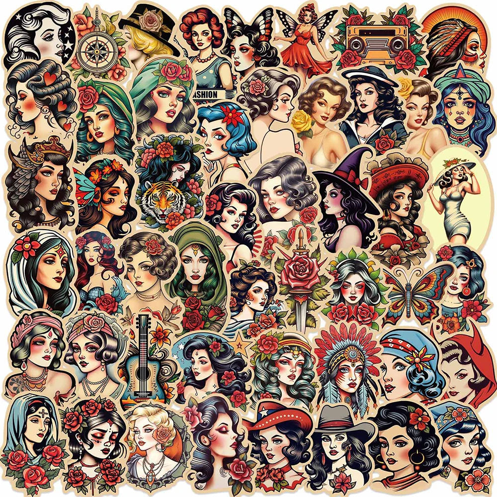 Retro Tattoo Girl Stickers Vintage Decals Waterproof 10/30/50pcs (Online Order Only)