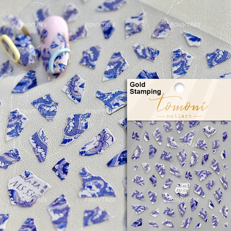 Retro Blue Lotus Flower Arrangement Vase Lantern Totem Pattern Bamboo Leaf Self Adhesive Nail Art Stickers Shiny Manicure Decals (ONLINE ORDER ONLY)