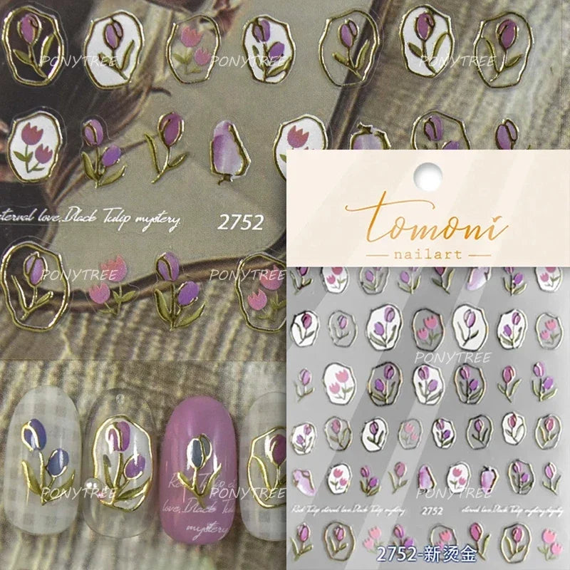 Hot Stamping Jelly All Tulips Garden Flower Bowknot Wave Lace Line Golden and Radiant Adhesive Nail Art Stickers Manicure Decals (ONLINE ORDER ONLY)