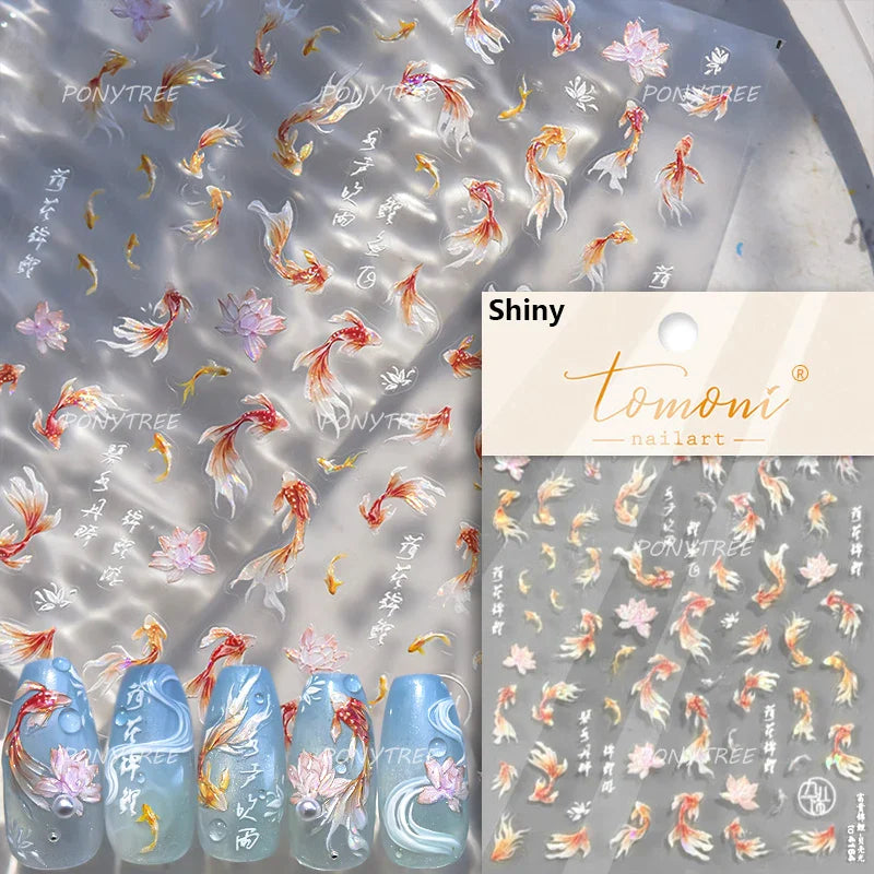 Lotus Leaf Brocaded Carp Koi Playing Goldfish Cavort Ripple Droplet Water Bubbles Self Adhesive Nail Art Stickers Manicure Decal (Online Order Only)