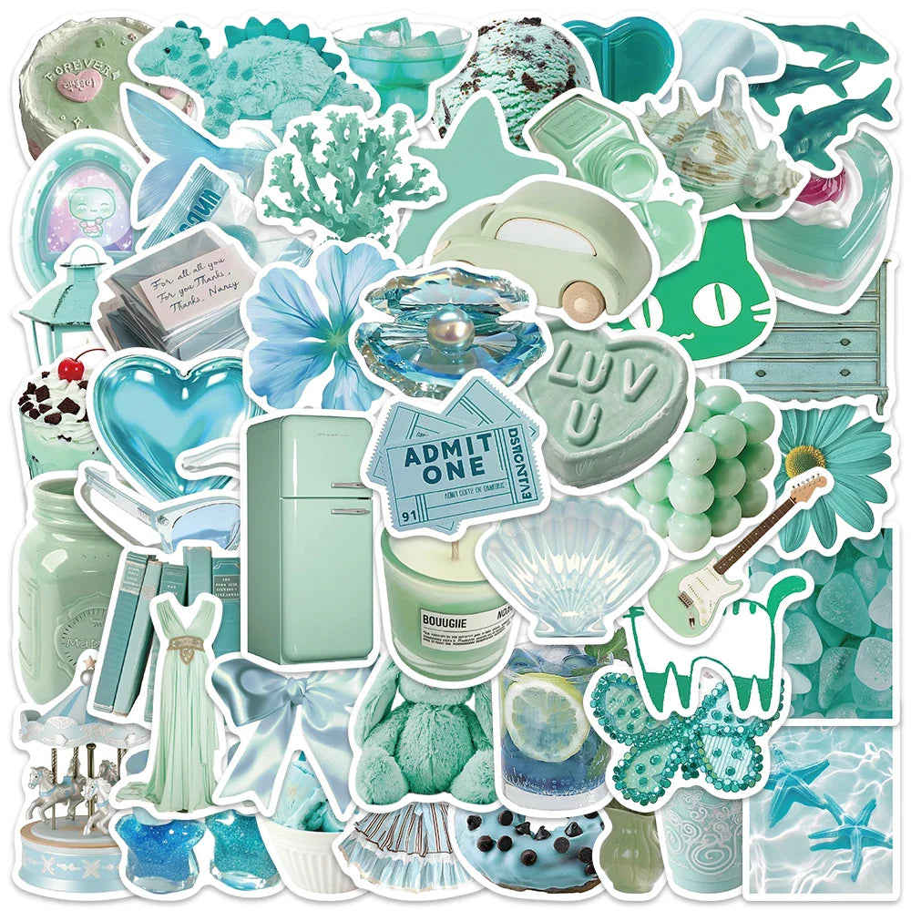 50pcs Ins Style Mint Green Aesthetic Stickers For Laptop Water Bottle Luggage Phone Guitar DIY Waterproof Graffiti Vinyl Decals (ONLINE ORDER ONLY)
