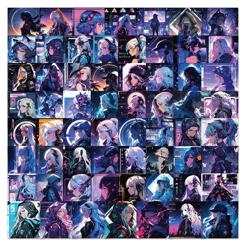 62pcs Cyberpunk Girl Graffiti Stickers for Helmet, Desktop, Wall Decoration, DIY (Online Order Only)