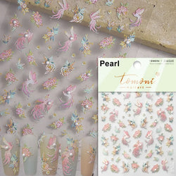 Charming Red Rose Phoenix Flower Wing Leaves Flower Feather Pearl Relief Embossed 5D Adhesive Nail Art Stickers Manicure Decals (ONLINE ORDER ONLY)