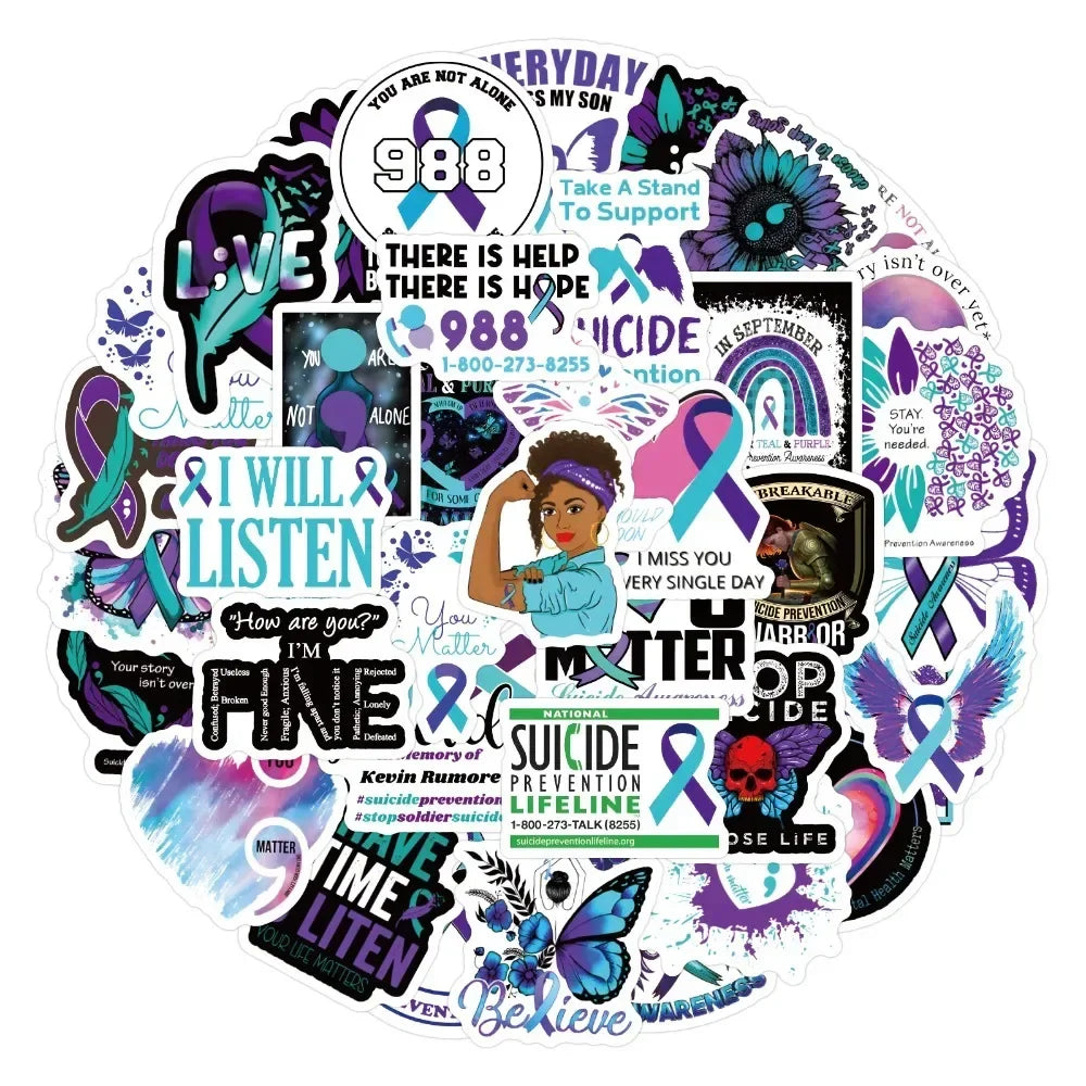 50/100Pcs Suicide Awareness Stickers Teal Purple Ribbon Suicide Prevention Waterproof Decals for Water Bottle Laptop Phone (ONLINE ORDER ONLY)