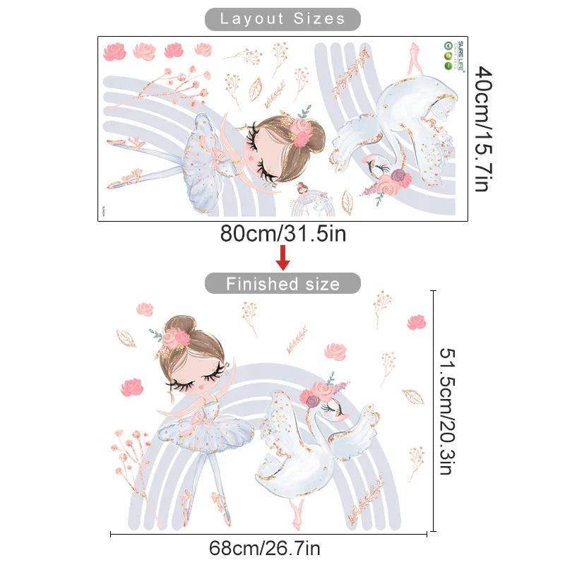 Pink Ballerina Unicorn Rainbow Wall Stickers for Kids Room Decor (ONLINE ORDER ONLY)