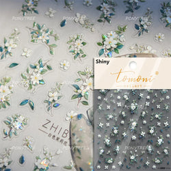 Delicate Chic White Flower Jelly Green Leaves Red Fruits Lily Gardenia Self Adhesive Nail Art Stickers Rhinestone Manicure Decal (Online Order Only)