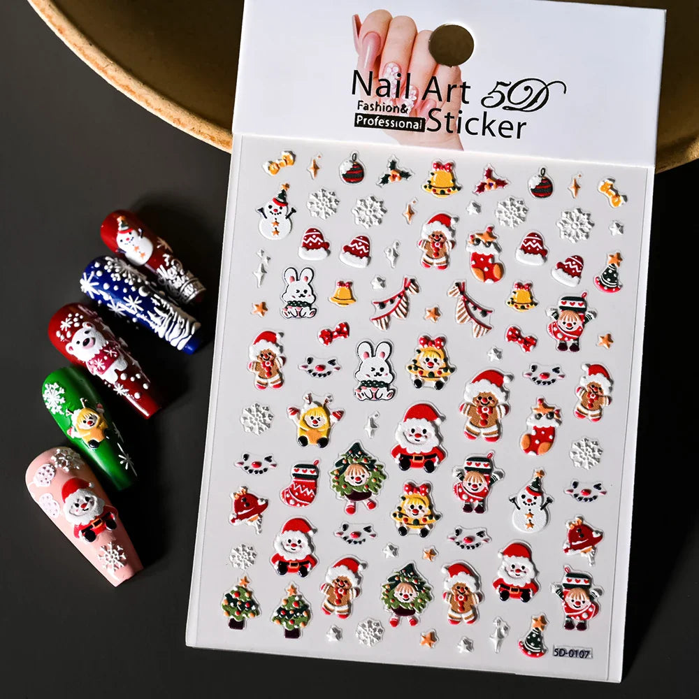 Cute Deer Christmas Nail Stickers 5D Embossed Elk Star Gingerbread Man Snowflake Santa Claus Holly DIY Winter Engraved Manicure* (ONLINE ORDER ONLY)