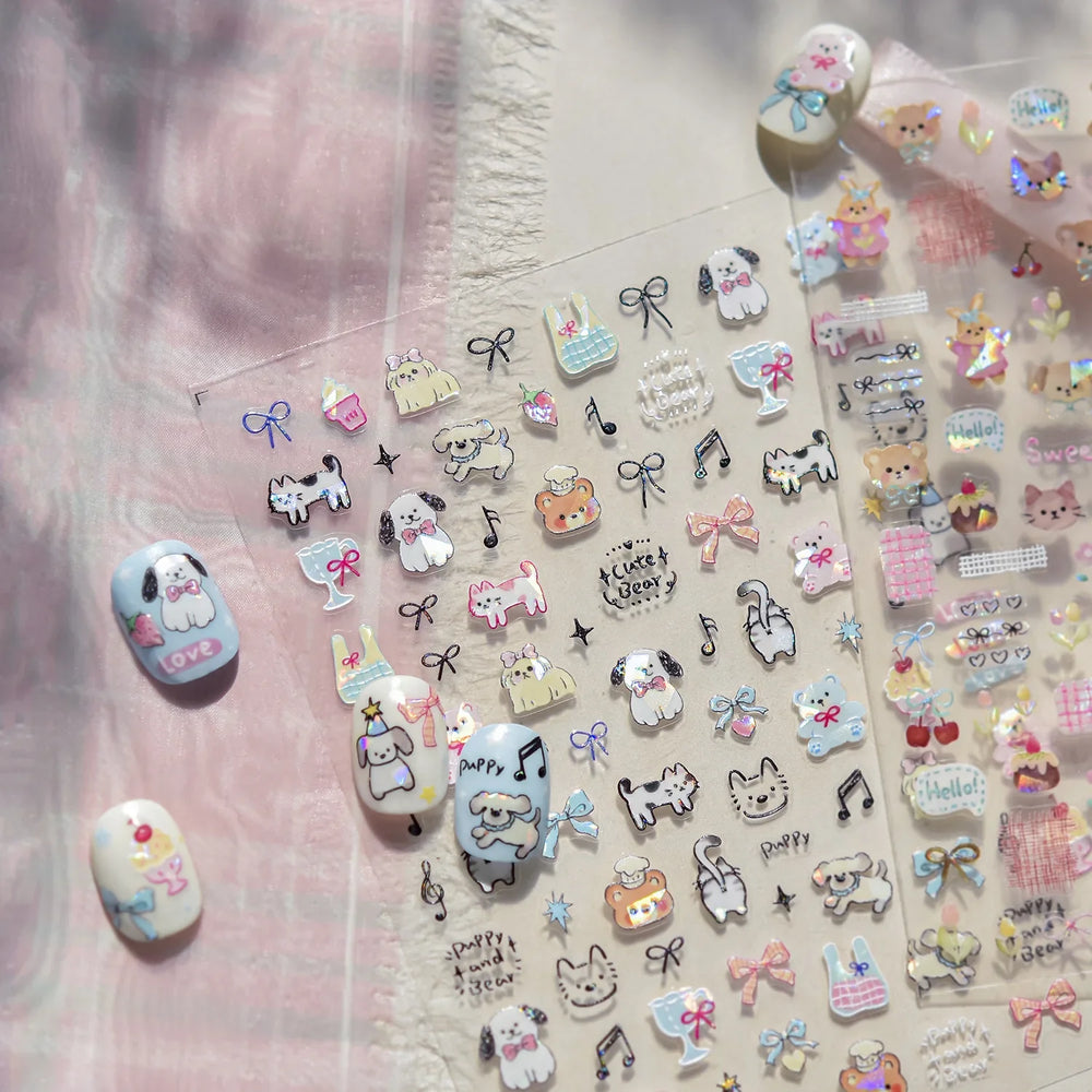 Graffiti Bear Cat Kitten Dog Puppy Bowknot Cake Tulip Note Star Cherry Cup Adhesive Nail Art Decoration Sticker Manicure Decals (ONLINE ORDER ONLY)