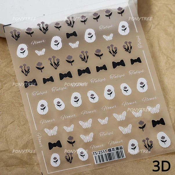 Dreamy White Lace Bowknot Purple Pink Gradual Tulip Flower Butterfly Garden Relief Adhesive Nail Art Stickers Manicure Decals (Online Order Only)